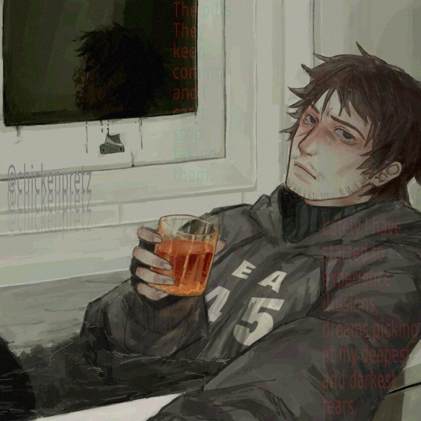 1boy afraid_of_monsters alcohol bags_under_eyes bathroom beard_stubble black_eyes black_gloves brown_hair ch1ckenpretz clothed_bath cup david_leatherhoff english_text exhausted facial_hair fingerless_gloves gloves grey_hoodie highres holding holding_cup hood hood_down hoodie in_bathtub looking_at_viewer male_focus messy_hair mirror partially_submerged print_hoodie reflective_surface scar scar_on_face short_hair solo stubble turtleneck upper_body watermark