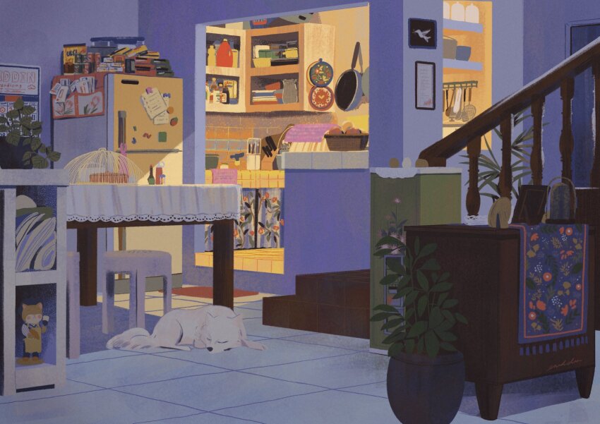 animal cabinet calendar_(object) clutter commentary cooking_pot dining_room dog english_commentary eniddin flower highres indoors kitchen leaf lying magnet no_humans original picture_frame plant potted_plant refrigerator scenery shelf sleeping stairs stool table tablecloth tile_floor tiles window