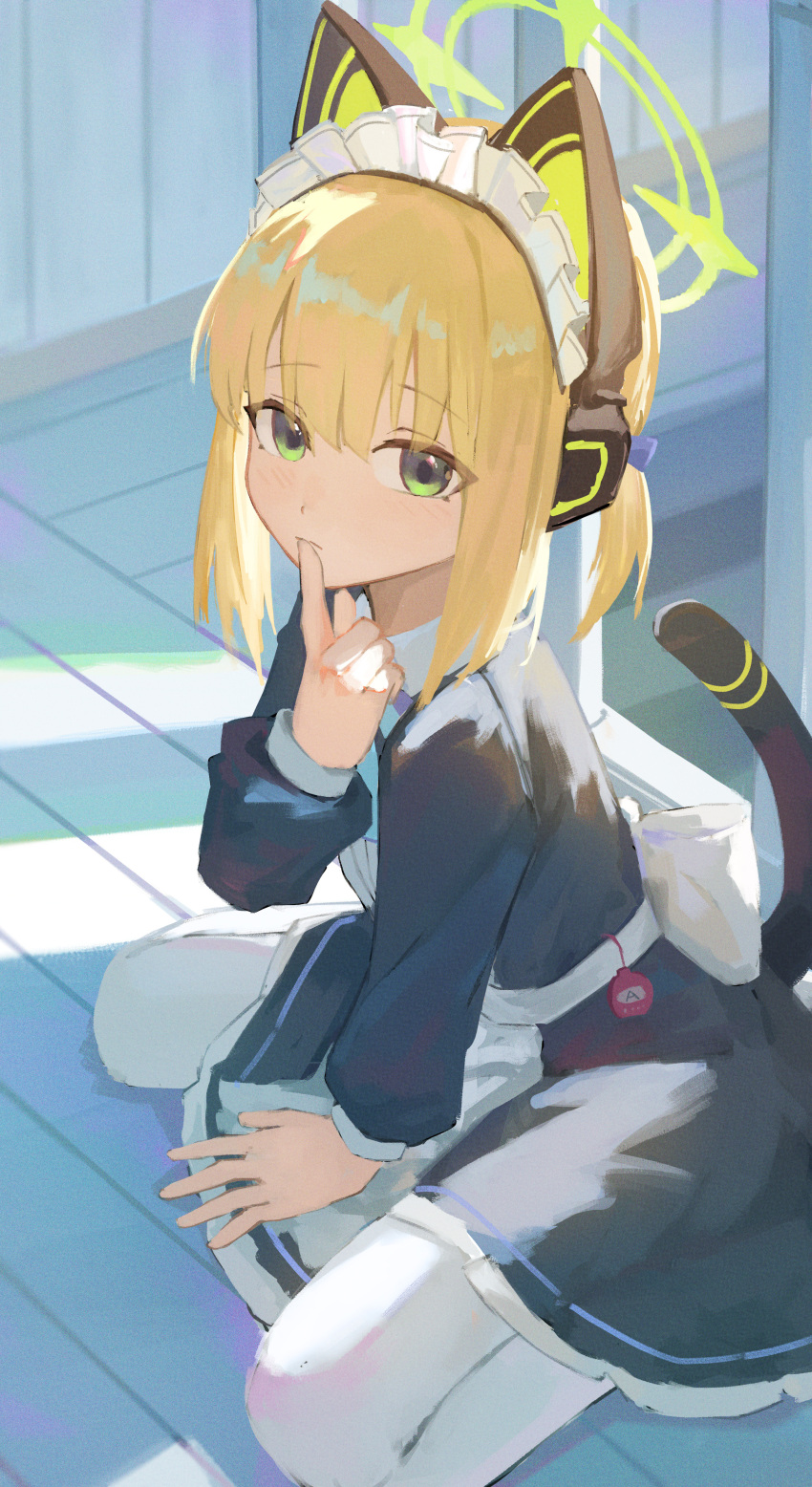 1girl absurdres animal_ear_headphones animal_ears black_dress blonde_hair blue_archive cat_ear_headphones cat_tail commentary_request dress fake_animal_ears green_eyes green_halo haimaotuanzi halo hand_up headphones highres index_finger_raised long_sleeves looking_at_viewer maid maid_headdress midori_(blue_archive) midori_(maid)_(blue_archive) official_alternate_costume pantyhose sitting solo tail wariza white_pantyhose