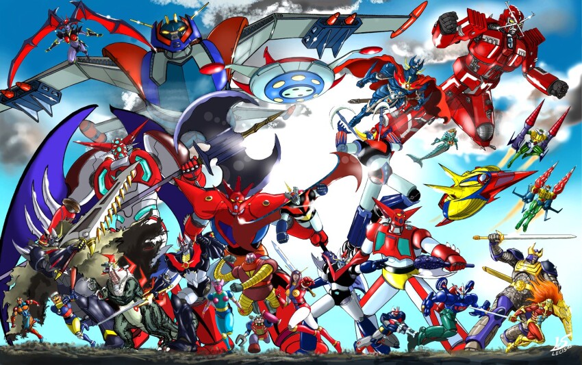 arm_blade arm_slave_(mecha) armor aurelio-lecis axe cape character_request clenched_hands copyright_request crossover dianan_a flying gattai getter-1 getter_dragon getter_go getter_robo getter_robo_(classic) getter_robo_g getter_robo_go glowing glowing_eyes god_mazinger god_mazinger_(robot) great_mazinger great_mazinger_(robot) green_armor grendizer gun holding holding_axe holding_sword holding_weapon horns ishikawa_ken_(style) koutetsu_jeeg koutetsu_jeeg_(mecha) koutetsushin_jeeg looking_at_viewer mazinger_(series) mazinger_z mazinger_z_(mecha) mazinkaiser mazinkaiser_(robot) mazinkaiser_skl mazinkaiser_skl_(mecha) mazinsaga mecha mecha_focus mecha_request mechanical_wings multicolored_armor multiple_crossover nagai_gou_(style) pilder red_cape retro_artstyle robot science_fiction shin_getter-1 shin_getter_robo shoulder_cannon sky super_robot sword tomahawk ufo_robo_grendizer v-fin weapon wings yellow_eyes z_(mazinsaga)