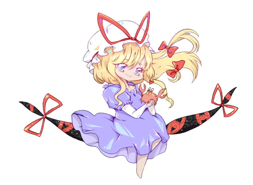 1girl animal bad_id bad_twitter_id bare_legs barefoot blonde_hair bow chibi closed_mouth commentary crab disembodied_eye dress elbow_gloves english_commentary eyelashes floating_hair frilled_dress frilled_hat frilled_sleeves frills gap_(touhou) gloves hair_bow hat hat_ribbon heart highres holding holding_animal long_dress long_hair looking_at_animal luo_qiangwei mob_cap puffy_short_sleeves puffy_sleeves purple_dress purple_eyes red_bow red_ribbon ribbon short_sleeves sidelocks simple_background sitting smile solo touhou very_long_hair wavy_hair white_background white_gloves white_hat yakumo_yukari