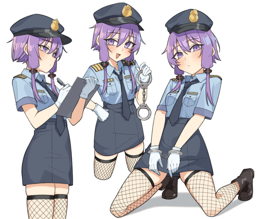 1girl clipboard cuffs fishnets gloves gukr4322 handcuffs hat highres holding holding_clipboard kneeling necktie police police_hat police_uniform policewoman purple_eyes purple_hair short_hair_with_long_locks thighhighs voiceroid white_background white_gloves writing yuzuki_yukari