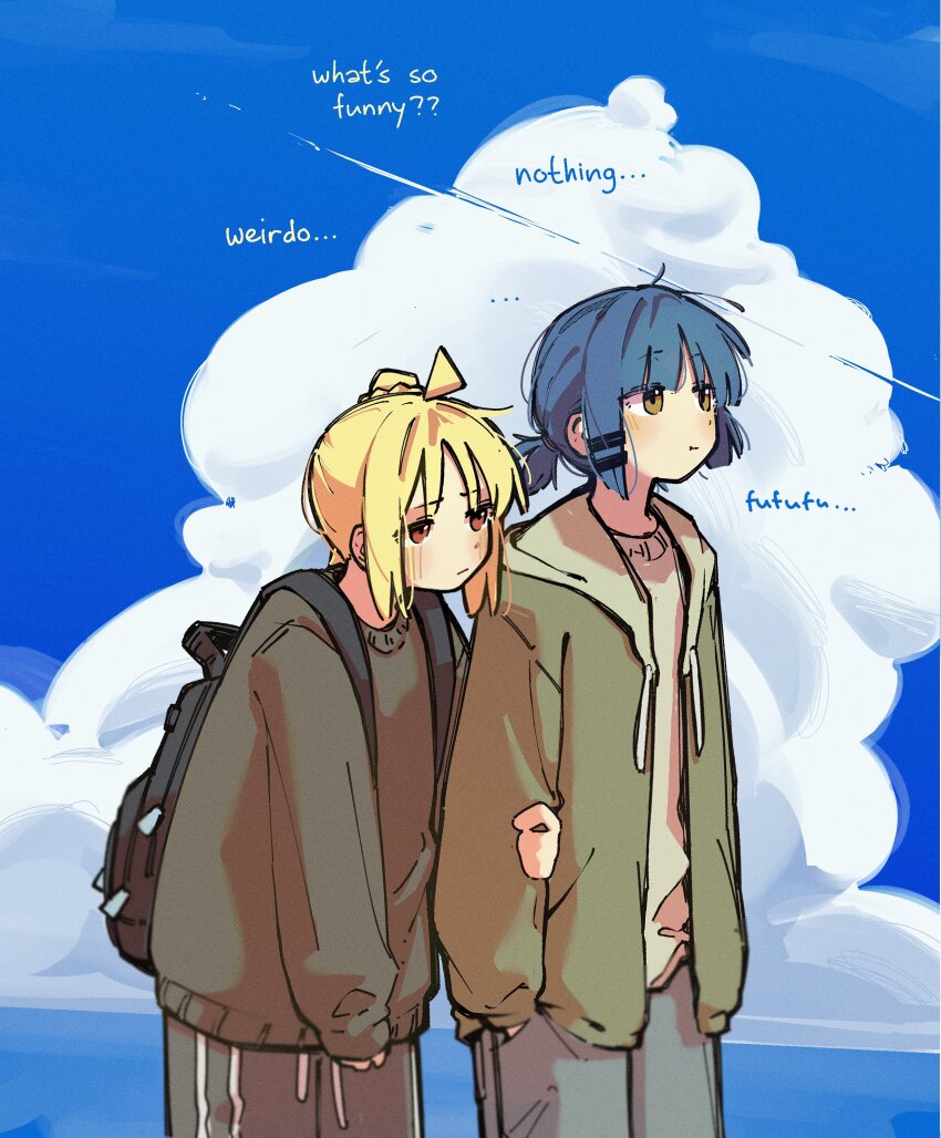... 2girls absurdres ahoge alternate_costume alternate_hairstyle backpack bag black_bag blonde_hair blue_hair bocchi_the_rock! cloud cloudy_sky commentary english_commentary english_text green_hoodie grey_jacket grey_pants hair_ornament hairclip hands_in_pockets highres holding holding_another&#039;s_arm holding_bag hood hoodie ijichi_nijika jacket long_sleeves machuuu68 mole mole_under_eye multiple_girls open_clothes open_hoodie pants ponytail red_eyes shirt short_ponytail side_ponytail sky sleeves_past_wrists white_shirt yamada_ryo yellow_eyes