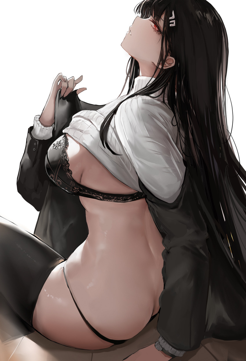 1girl absurdres ass blue_archive bra butt_crack clothes_lift from_behind highres liaowen rio_(blue_archive) shirt_lift sitting solo underwear
