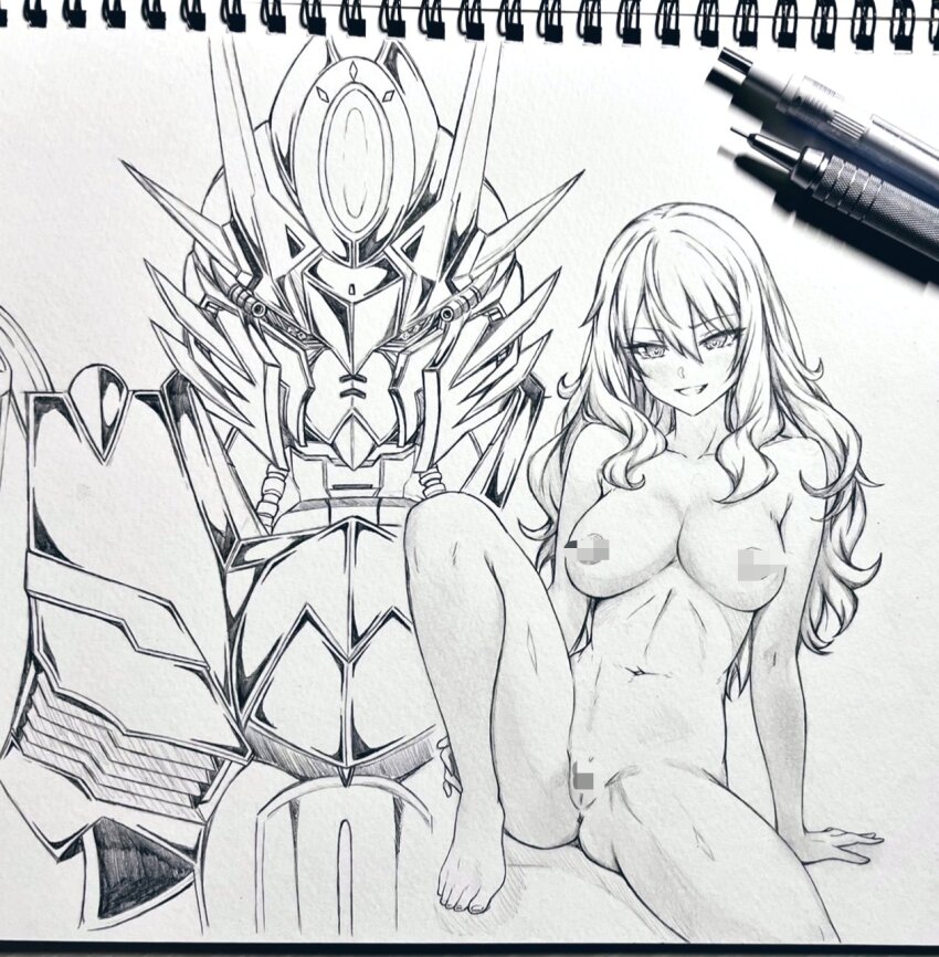 1girl armpit_crease art_tools_in_frame breasts censored censored_nipples commentary_request completely_nude despair_memory_gundam_sequel graphite_(medium) greyscale gundam hair_between_eyes highres kaoris_(despair_memory_gundam_sequel) large_breasts long_hair looking_at_viewer mecha monochrome mosaic_censoring navel nude photo_(medium) robot seishun_dendeke sitting smile traditional_media wavy_hair