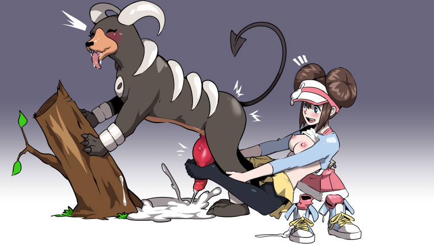 1boy 1girl animal_penis bestiality black_fur black_pantyhose blue_eyes blush breasts breasts_out brown_hair clothes_lift cum cum_on_headwear dog_penis drooling emphasis_lines feet footjob footjob_from_behind footjob_with_legwear gen_2_pokemon hat heavy_breathing highres houndoom knotted_penis log long_hair magni_(mf021405) nintendo nipples open_mouth pantyhose penis pokemon pokemon_(creature) pokemon_bw2 pokephilia rosa_(pokemon) shirt_lift shoes simple_background socks surprised third-party_source two-footed_footjob unworn_shoes unworn_socks