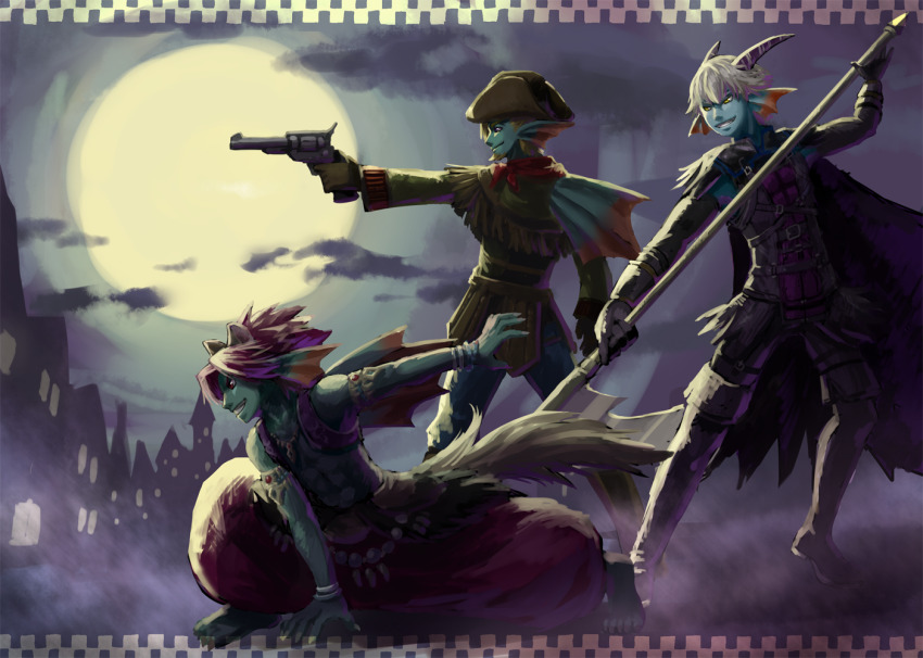 3boys aiming animal_ears aqua_skin armlet baggy_pants black_gloves blonde_facial_hair blonde_hair boots bracelet brown_capelet brown_gloves brown_hat cape capelet cloud colored_skin commentary_request cowboy dragon_quest dragon_quest_x facial_hair fins fish_boy flei_rainbow fringe-trimmed_capelet fringe_trim full_moon gloves grey_horns grin gun hand_on_ground handgun hat head_fins holding holding_gun holding_polearm holding_weapon horns jewelry looking_ahead male_focus monster_boy moon multiple_boys neckerchief open_mouth pants parted_bangs pink_hair polearm profile purple_cape purple_vest red_neckerchief red_pants revolver short_hair smile squatting tail thigh_boots toned toned_male vest weapon weddie_(dq10) western white_hair wolf_boy wolf_ears wolf_tail