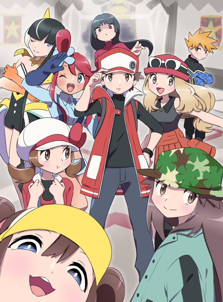 2boys 6+girls absurdres alternate_color black_hair blonde_hair blue_eyes blue_oak blue_oak_(sygna_suit) brown_eyes brown_hair elesa_(pokemon) elesa_(sygna_suit)_(pokemon) hat highres leaf_(pokemon) leaf_(sygna_suit)_(pokemon) lyra_(pokemon) multiple_boys multiple_girls nintendo photobomb pokemon pokemon_bw pokemon_bw2 pokemon_frlg pokemon_hgss pokemon_masters_ex pokemon_xy pumpkinpan red_(pokemon) red_(pokemon_frlg) red_(sygna_suit)_(pokemon) red_eyes rosa_(pokemon) sabrina_(pokemon) serena_(pokemon) skyla_(pokemon) sunglasses