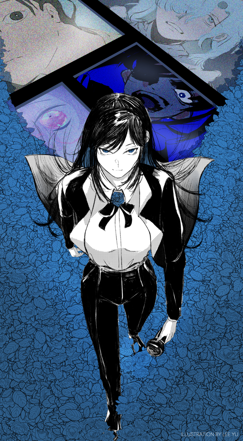 1girl absurdres ado_(utaite) black_coat black_hair black_pants blue_flower blue_hair blue_rose brooch chando_(ado) coat collared_shirt colored_inner_hair commentary english_commentary flower flower_brooch gloves highres holding holding_microphone lee_yu long_hair looking_at_viewer lucky_bruto microphone multicolored_hair naima_(ado) open_clothes open_coat pants rose shirt solo usseewa utaite walking white_gloves white_shirt yukue_shirezu_(ado)