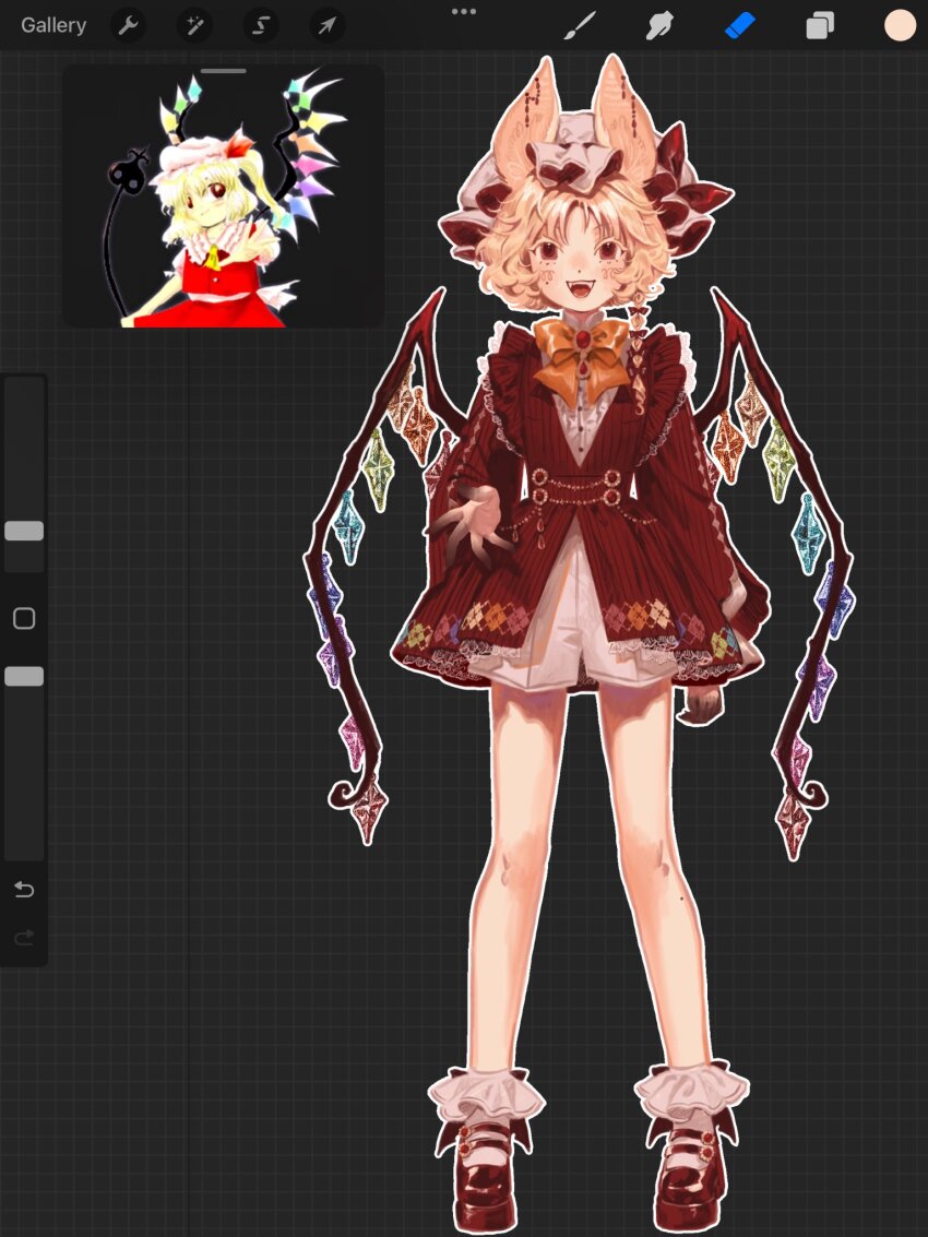 1girl alternate_costume animal_ears bat_ears blonde_hair bow bowtie comparison dress flandre_scarlet frills highres k0nfette medium_hair solo touhou user_interface wings zun