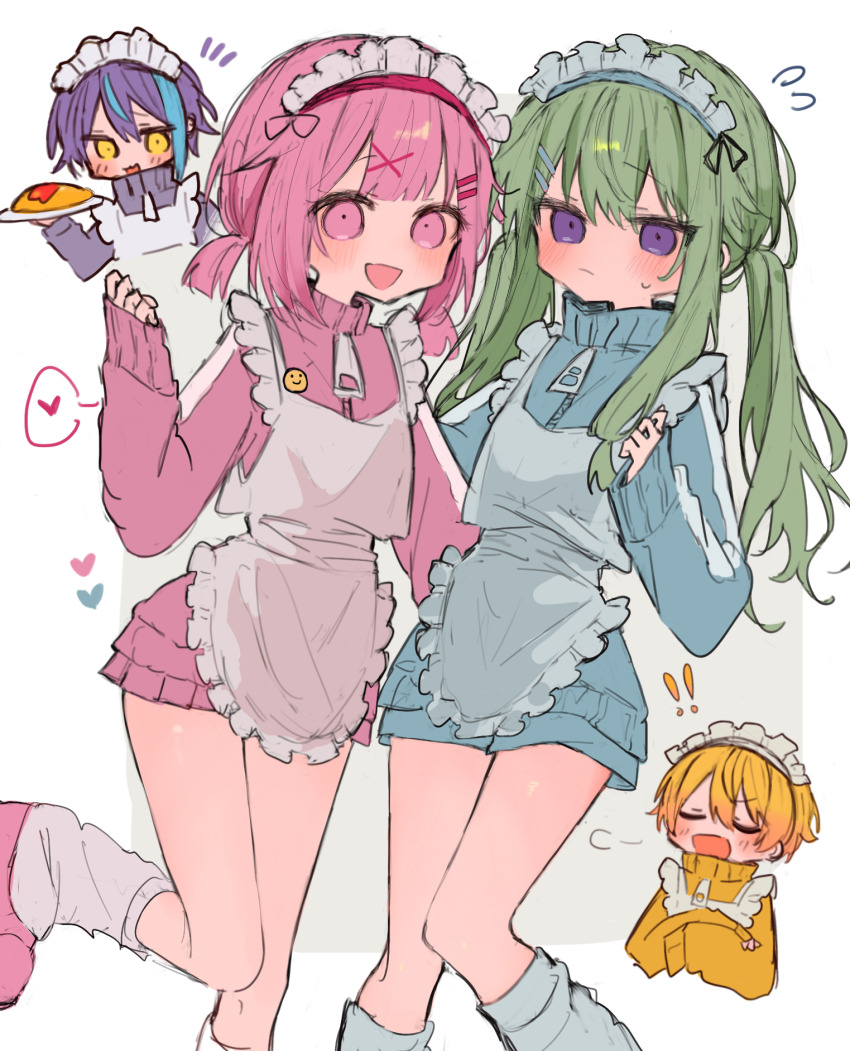 alternate_hairstyle apron blush crossdressing crossed_arms double-parted_bangs food frilled_apron frills green_hair hair_ornament hand_on_another&#039;s_back highres jersey_maid kamishiro_rui kusanagi_nene leg_warmers long_hair loose_socks low-tied_sidelocks low_twintails maid maid_apron maid_headdress multicolored_hair omelet omurice ootori_emu orange_hair oversized_zipper pink_eyes pink_hair project_sekai purple_eyes short_hair sidelocks single_vertical_stripe sleeves_past_wrists socks sweatdrop tenma_tsukasa twintails unconventional_maid user_mhvv5722 wonderlands_x_showtime_(project_sekai) x_hair_ornament zipper