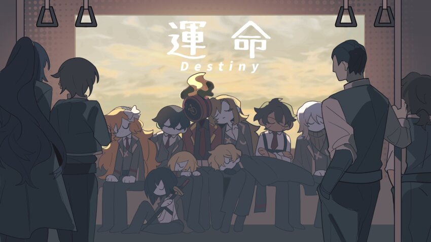 1other 6+boys 6+girls belt black_belt black_gloves black_hair black_jacket black_pants black_vest bow brown_hairband bus_interior chest_harness clock closed_eyes collared_shirt cowboy_shot crossed_arms dante_(limbus_company) don_quixote_(project_moon) faust_(project_moon) fire gloves gregor_(project_moon) hair_bow hairband handlebar harness heathcliff_(project_moon) highres hong_lu_(project_moon) indoors ishmael_(project_moon) jacket limbus_company long_hair long_sleeves mephistopheles_(project_moon) meursault_(project_moon) multiple_boys multiple_girls necktie object_head orange_hair outis_(project_moon) pants project_moon red_necktie rodion_(project_moon) ryoshu_(project_moon) shirt short_hair sidelocks sinclair_(project_moon) sleeping south_ac very_long_hair vest white_bow white_hair white_shirt yi_sang_(project_moon)