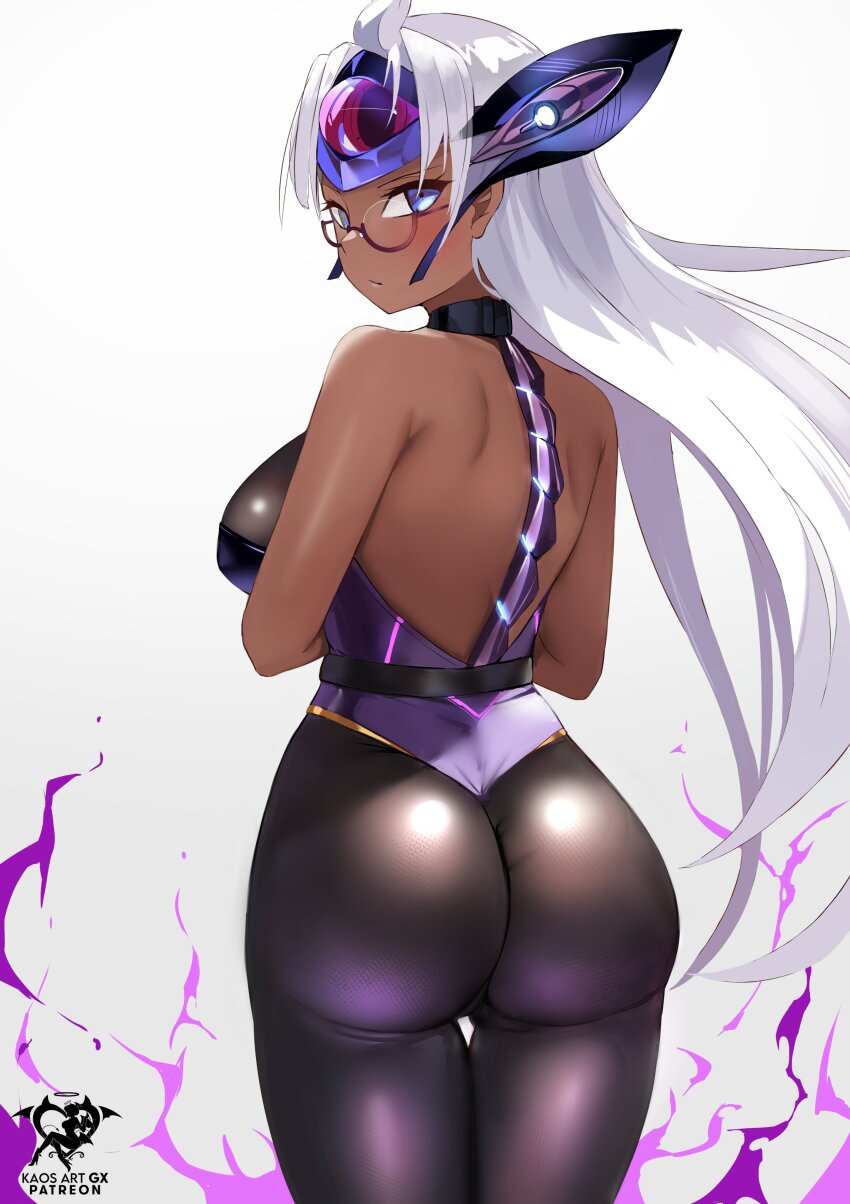 1girl absurdres android artist_logo ass bare_shoulders blue_eyes breasts cleavage cyborg dark-skinned_female dark_skin elbow_gloves forehead_protector glasses gloves highres kaos_art large_breasts logo long_hair looking_at_viewer pantyhose solo t-elos t-elos_re: very_long_hair white_hair xeno_(series) xenoblade_chronicles_(series) xenoblade_chronicles_2 xenosaga xenosaga_episode_iii