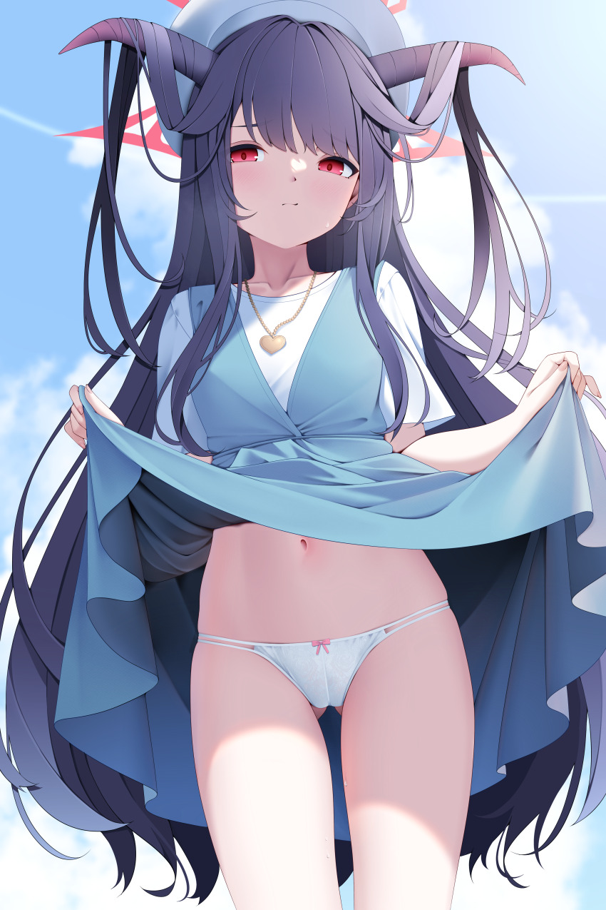1girl absurdres black_hair blue_archive blue_dress blue_sky blush cameltoe closed_mouth clothes_lift cloud cloudy_sky collarbone commentary day demon_girl demon_horns dress dress_lift fuuka_(blue_archive) fuuka_(casual)_(blue_archive) gluteal_fold hair_on_horn halo heart heart_necklace highres horns jewelry lifting_own_clothes looking_at_viewer navel necklace official_alternate_costume official_alternate_hairstyle panties red_eyes red_halo shirt short_sleeves skindentation skirt_hold sky solo thighs underwear white_panties white_shirt z.taiga