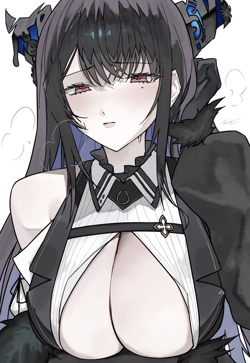 1girl absurdres asymmetrical_horns black_hair blue_hair breasts cleavage collared_shirt colored_inner_hair demon_horns ewn highres hololive hololive_english horns large_breasts long_hair looking_at_viewer mole mole_under_eye multicolored_hair nerissa_ravencroft partially_unbuttoned red_eyes shirt solo two-tone_hair uneven_horns very_long_hair virtual_youtuber white_shirt