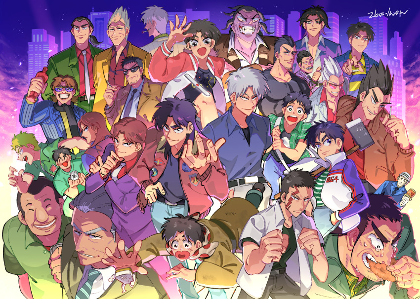 1girl 6+boys akagi:_yami_ni_oritatta_tensai akagi_shigeru atsuize_pen-chan axe belt big_nose black_belt black_eyes black_hair black_shirt blazer blonde_hair blue_jacket blue_shirt blue_sweater bomber_jacket brown_coat brown_eyes brown_jacket buck_teeth building buraiden_gai cigarette city clenched_hands closed_mouth coat collared_shirt commentary_request cowboy_shot creator_connection croquette eating endou_yuuji facial_hair fighting_stance fingernails formal_clothes fukumoto_mahjong gin_to_kin goatee green_jacket green_shirt grey_hair grey_pants grin hair_slicked_back hamster hero-gyakkyou_no_touhai hero_-_akagi_no_ishi_wo_tsugu_otoko highres hirai_ginji hirayama_yukio holding holding_axe holding_cigarette holding_mahjong_tile hyoudou_kazuya ichijou_seiya igawa_hiroyuki inudori itou_kaiji jacket joukyou_seikatsuroku_ichijou kaiji kudou_gai kurosawa_(saikyou_densetsu_kurosawa) letterman_jacket long_hair long_sleeves looking_at_viewer mahjong mahjong_tile mamiya_(yami-ma_no_mamiya) morita_tetsuo multiple_boys multiple_persona murakami_tamotsu nangou_(akagi) necktie nozaki_osamu old old_man ootsuki_(kaiji) open_clothes open_mouth open_shirt pants parted_bangs patch pectorals pink_jacket plaid_clothes plaid_shirt polka_dot_neckerchief purple-tinted_eyewear purple_jacket purple_pants red_shirt sahara_makoto saikyou_densetsu_kurosawa scar scar_across_eye scar_on_face shirt shirt_tucked_in short_bangs short_hair short_sleeves skyscraper smile smoke smoking spiked_hair striped_clothes striped_shirt suit sunglasses sweater teeth ten_(manga) ten_takashi tenbou thumbs_up tinted_eyewear tobaku_haouden_zero tonegawa_yukio ukai_zero upper_body urabe_(akagi) v-shaped_eyebrows very_short_hair washizu_(manga) washizu_-_enma_no_touhai washizu_iwao watanabe_yuuichi wavy_eyes white_necktie white_shirt yami-ma_no_mamiya yellow_jacket yellow_shirt