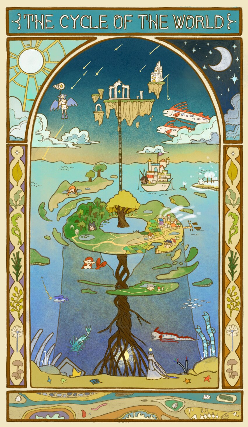 absurdres architecture border bubble building card_(medium) cloud commentary_request crescent_moon english_text fish floating_island flying_fish forest highres moon nature original ornate_border outdoors plant scenery sky sun tarot tarot_(medium) tree village water wings ya0n0524