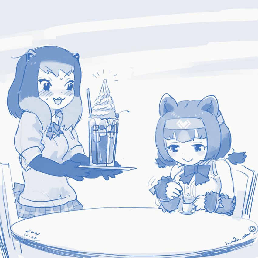 2girls alpine_marmot_(kemono_friends) animal_ears bare_shoulders bear_ears bear_girl blush bow bowtie commentary_request elbow_gloves food fur gloves headband highres ice_cream ice_cream_float inada_roku kemono_friends kemono_friends_3 kodiak_bear_(kemono_friends) monochrome multiple_girls plaid_clothes plaid_skirt pleated_skirt puffy_short_sleeves puffy_sleeves short_hair short_sleeves short_twintails sidelocks sitting skirt sleeveless squirrel_ears squirrel_girl squirrel_tail sweatdrop sweater tail twintails