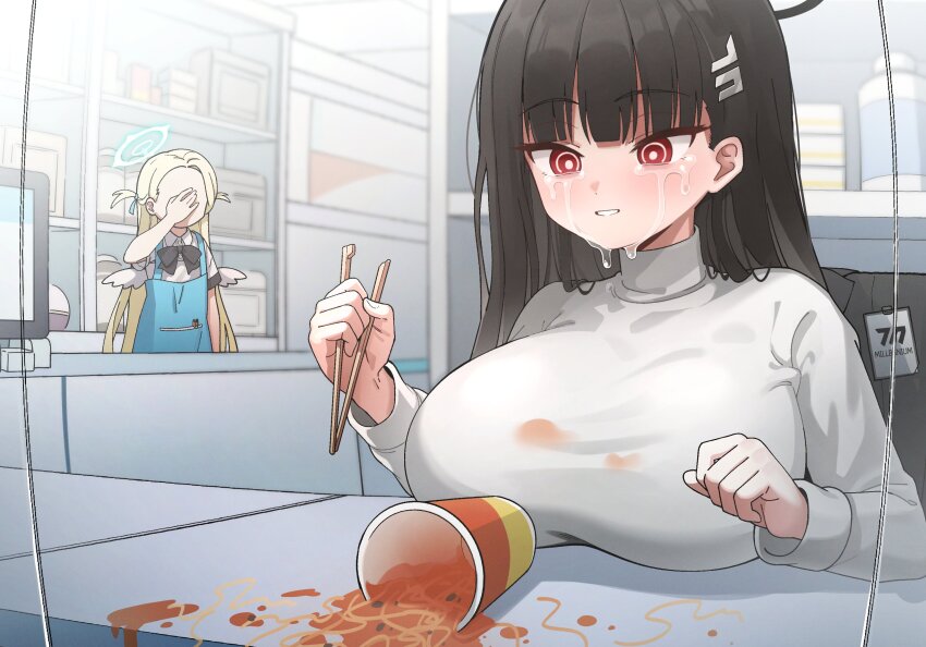 1girl absurdres apron black_hair blonde_hair blue_apron blue_archive blue_eyes breasts chopsticks crying cup_ramen facepalm food golmonggu halo highres holding holding_chopsticks huge_breasts long_hair red_eyes rio_(blue_archive) sora_(blue_archive) spill stain stained_clothes store_clerk tears wings