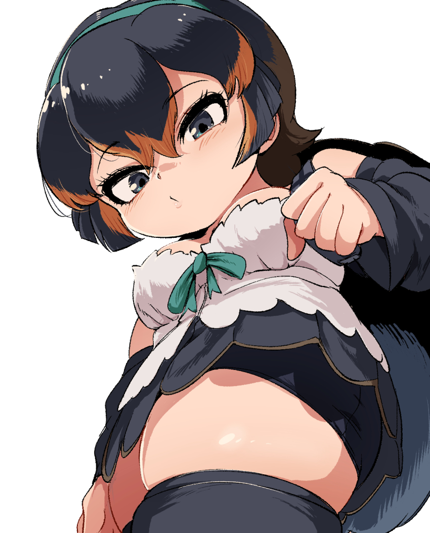 1girl black_eyes black_hair black_shorts black_skirt black_thighhighs breasts camisole green_ribbon hairband highres kemono_friends large_breasts looking_at_viewer mcgunngu multicolored_hair ribbon short_hair shorts simple_background skirt solo streaked_hair thighhighs turtle_shell western_santa_cruz_giant_tortoise_(kemono_friends) white_camisole