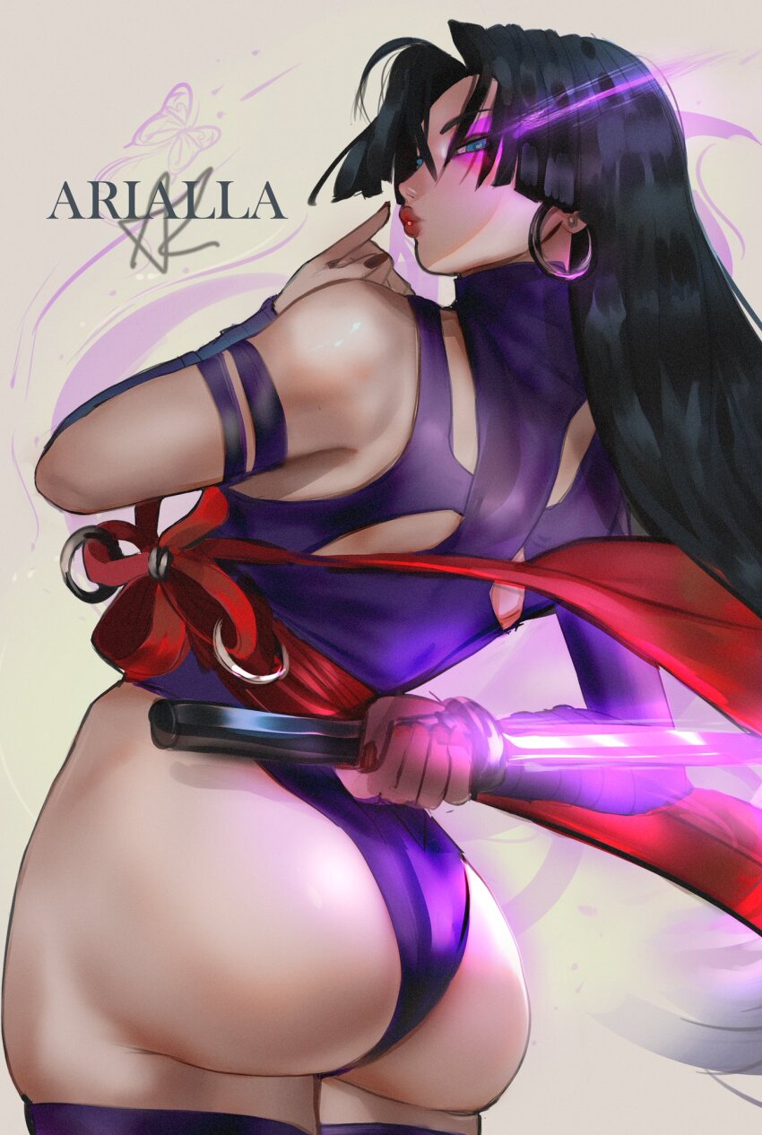 1girl arialla_draws arm_warmers ass ass_focus bare_shoulders black_hair from_behind glowing glowing_eyes glowing_weapon hair_over_one_eye highres huge_ass leotard long_hair marvel marvel_rivals psylocke psylocke_(marvel_rivals) purple_eyes reverse_grip solo sword thick_thighs thighhighs thighs very_long_hair weapon x-men