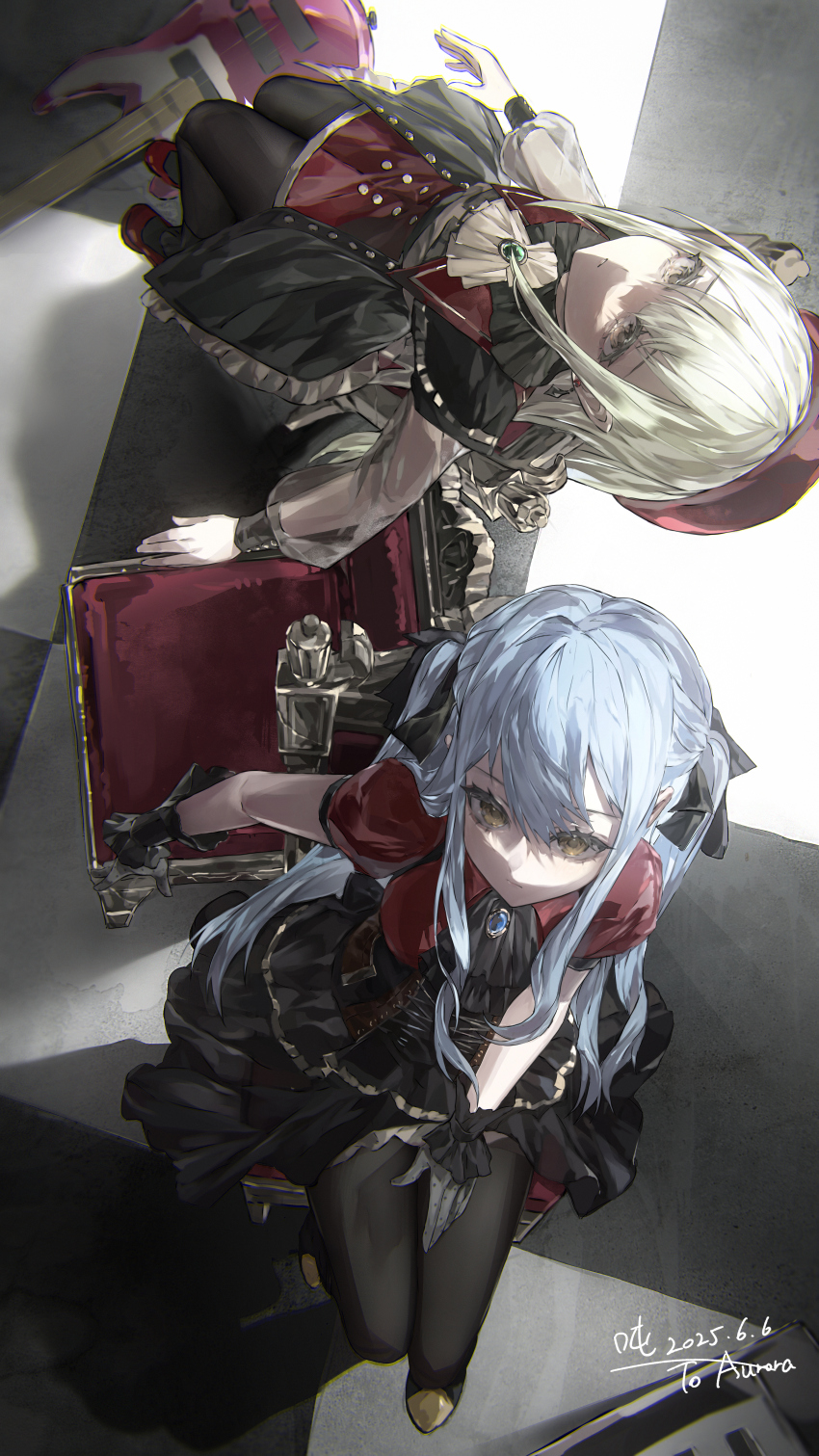 2girls absurdres ascot bang_dream! bang_dream!_it&#039;s_mygo!!!!! beret black_pantyhose black_ribbon black_skirt blue_brooch blue_hair checkered_floor commission dated earrings from_above gloves green_brooch green_hair grey_gloves guitar hair_ribbon hat highres instrument jewelry long_hair mortis_(bang_dream!) mortis_(costume)_(bang_dream!) multiple_girls oblivionis_(bang_dream!) on_chair pantyhose puffy_sleeves red_hat ribbon shadow signature sitting skirt togawa_sakiko wakaba_mutsumi yellow_eyes zadun