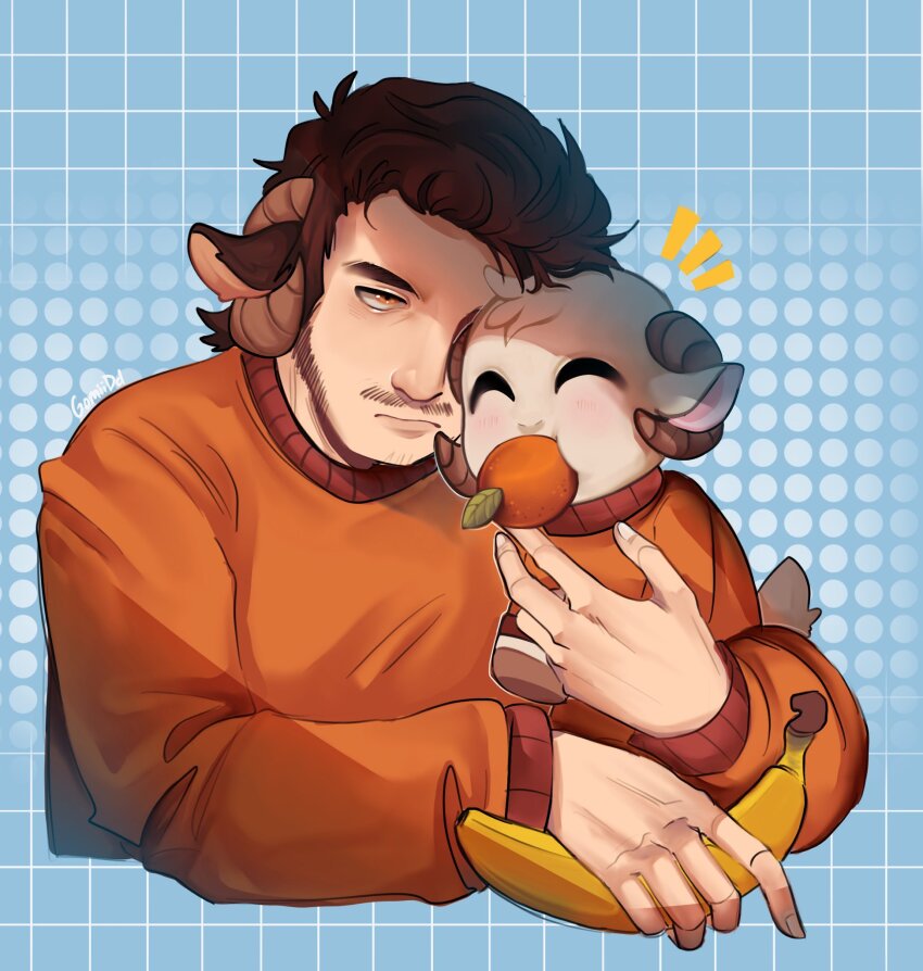 1boy ^^^ alternate_color animal animal_ears banana beard brown_hair clothed_animal commentary dual_persona facial_hair food fruit gomiidd grid highres holding holding_animal horns jschlatt male_focus minecraft_youtube orange_(fruit) orange_sweater rammie sheep sheep_boy sheep_ears sheep_horns short_hair solo sweater symbol-only_commentary tail white_fur yellow_eyes