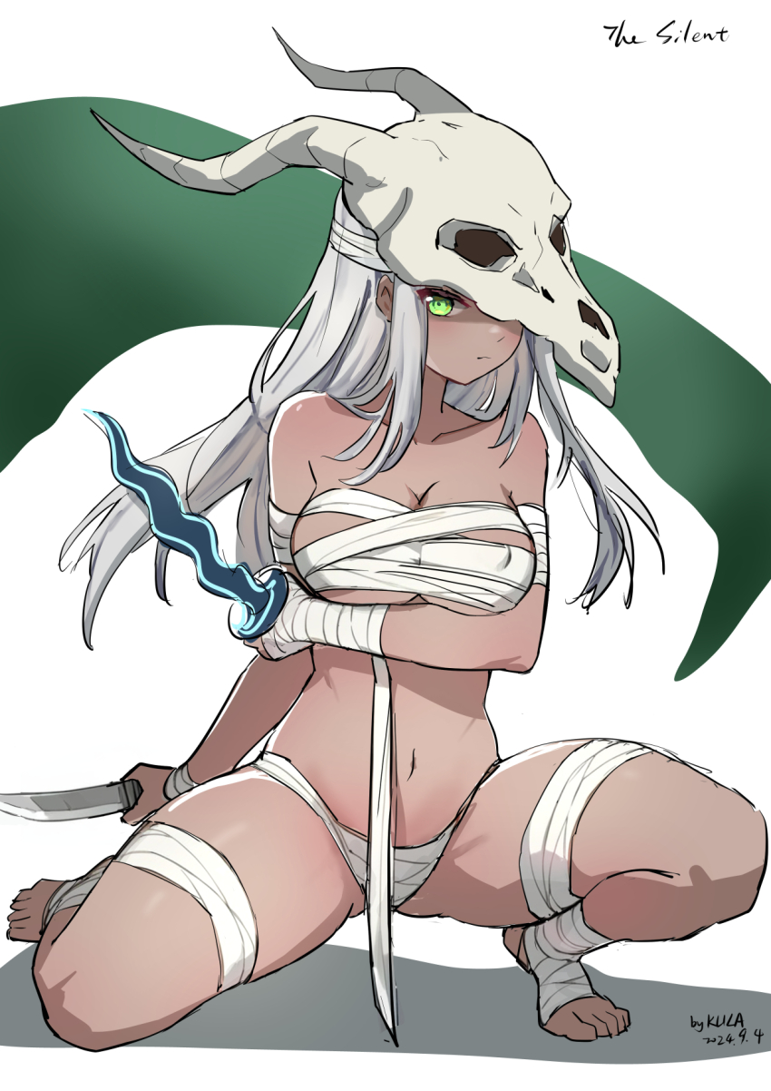 1girl animal_skull artist_name bandages breasts cape character_name chinese_commentary collarbone commentary_request covered_erect_nipples dagger dated dual_wielding english_text green_cape green_eyes grey_hair highres holding holding_weapon kkkula_(kula) knife large_breasts long_hair looking_at_viewer naked_bandage navel sarashi simple_background skull_on_head slay_the_spire solo the_silent_(slay_the_spire) weapon white_background