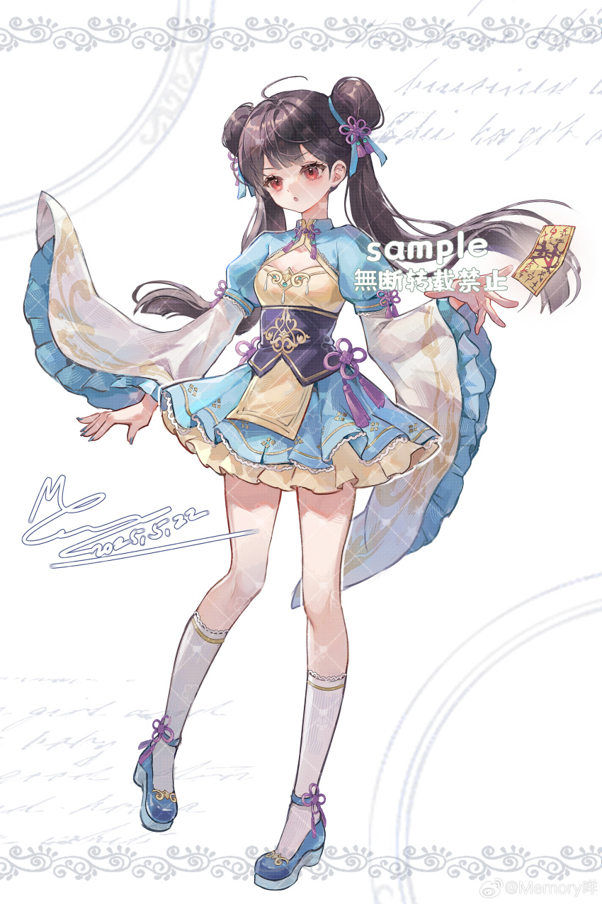 1girl :o absurdres ahoge ankle_ribbon annoyed blue_dress blue_ribbon blue_shoes blunt_bangs breasts brown_hair character_request chinese_clothes chinese_commentary cleavage cleavage_cutout clothing_cutout commentary_request commission copyright_request corset dated double_bun dress eyelashes floating_hair flower_knot frilled_dress frilled_sleeves frills full_body furrowed_brow hair_bun hair_ribbon high_heels highres kneehighs knees lace lace-trimmed_dress lace-trimmed_socks lace_trim layered_sleeves leg_ribbon long_hair long_sleeves looking_ahead memory_mie object_floating_above_hand ofuda open_mouth orange_eyes pleated_dress puffy_short_sleeves puffy_sleeves pumps purple_corset purple_ribbon ribbon sample_watermark shoes short_dress short_over_long_sleeves short_sleeves signature socks solo standing tassel twintails waist_ribbon watermark watermark_grid white_background white_sleeves white_socks wide_sleeves yellow_tabard