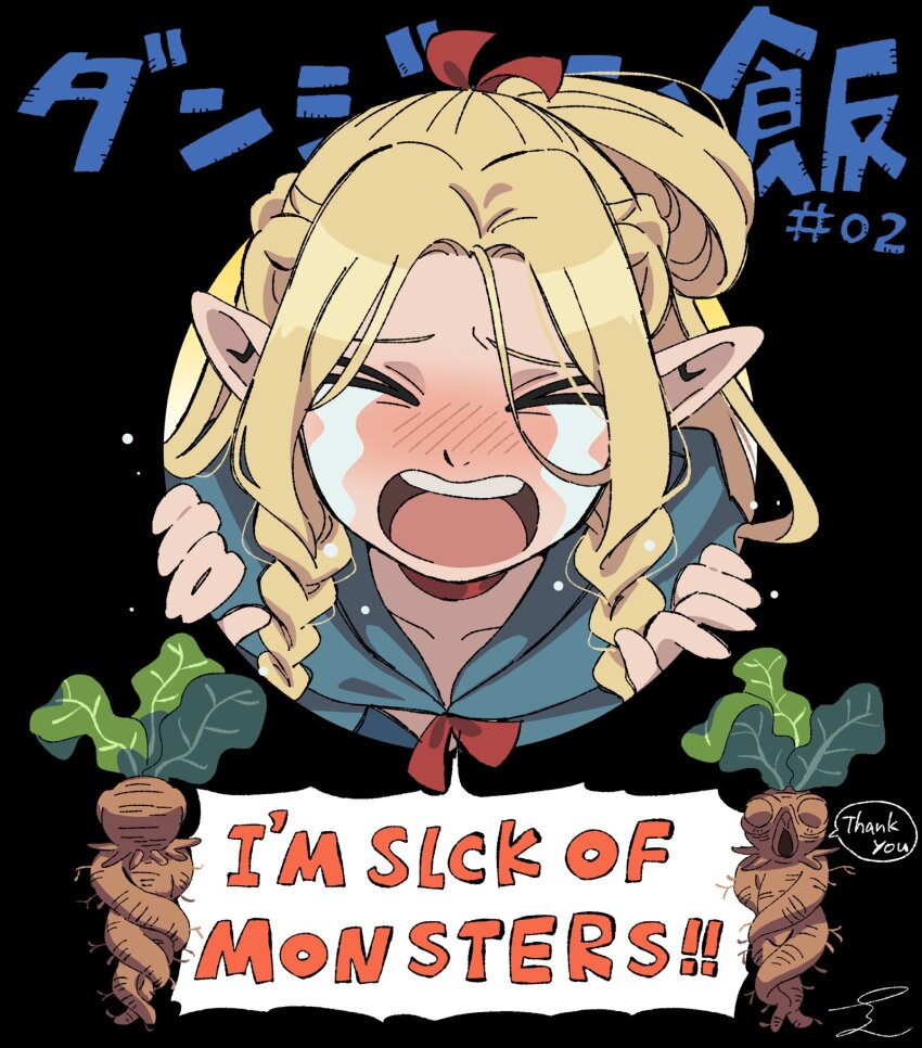 &gt;o&lt; 1girl black_background blonde_hair braid braided_ponytail choker dungeon_meshi elf english_text highres mandrake marcille_donato piko_han pointy_ears red_choker red_ribbon ribbon speech_bubble t_t twin_braids