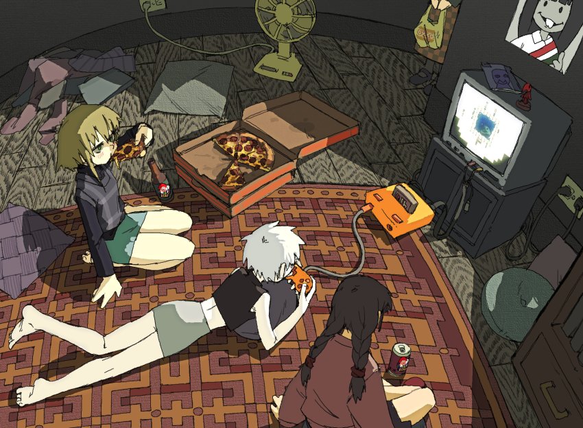 .flow 4girls absurdres andres_manuel_lopez_obrador andres_manuel_lopez_obrador_(cosplay) ao_oni arm_support ass bag barefoot beer_bottle beer_can black_footwear black_hair black_legwear black_shirt black_skirt blonde_hair blunt_bangs blush braid brown_hair buck_teeth cabinet can checkered_clothes checkered_skirt clown controller cosplay crop_top crossed_legs crt cushion drawer drink_can eating electric_fan food from_behind full_body game_console game_controller green_eyes green_skirt hair_between_eyes highres ib_(ib) ib_(kouri) indoors long_hair long_skirt long_sleeves looking_to_the_side lying madotsuki magazine_(object) mary_janes medium_hair miniskirt monoe multiple_girls on_floor on_stomach own_hands_together pantsu-ripper pencil_skirt pink_sweater pizza pizza_box pizza_slice plaid_clothes plaid_vest plastic_bag playing_games pleated_skirt poniko poster_(object) purple_vest rug sabitsuki seiza shirt shoes short_hair sidelocks sitting skirt sleeveless sleeveless_shirt slice_of_life straight_hair sweater teeth the_oni_(ao_oni) thighhighs thumbs_up twin_braids urotsuki vest white_hair white_shirt white_skirt wooden_floor yume_2kki yume_nikki