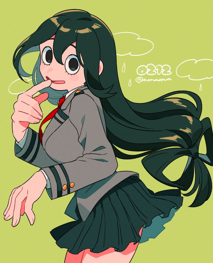 1girl asui_tsuyu blazer boku_no_hero_academia dark_green_hair frog_girl green_eyes green_skirt grey_jacket hair_rings hand_up highres jacket long_hair looking_at_viewer low-tied_long_hair mommorua necktie pleated_skirt red_necktie school_uniform skirt solo u.a._school_uniform