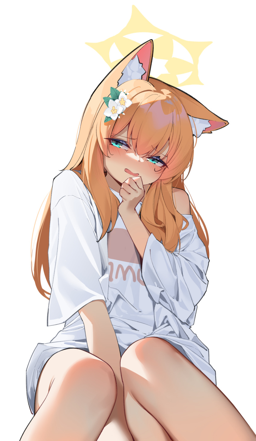 1girl animal_ear_fluff animal_ears bare_legs between_legs blue_archive blue_eyes blush cat_ears cat_girl hand_between_legs highres long_hair long_sleeves looking_at_viewer mari_(blue_archive) open_mouth painterliuhao shirt simple_background sitting solo white_background white_shirt