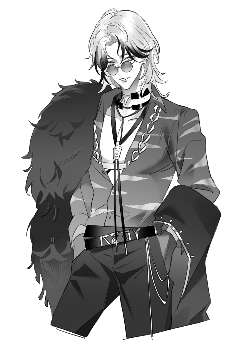 1boy absurdres animal_print belt_buckle buckle buttons coat_partially_removed collarbone collared_shirt commentary_request cropped_legs crossed_belts fur_scarf gloves greyscale hands_in_pockets highres layered_sleeves levy_(path_to_nowhere) long_sleeves male_focus monochrome multicolored_hair pants parted_bangs path_to_nowhere pectoral_cleavage pectorals round_eyewear shirt short_hair simple_background single_stripe solo streaked_hair striped_collar sunglasses tiger_print toho10min v-neck white_background
