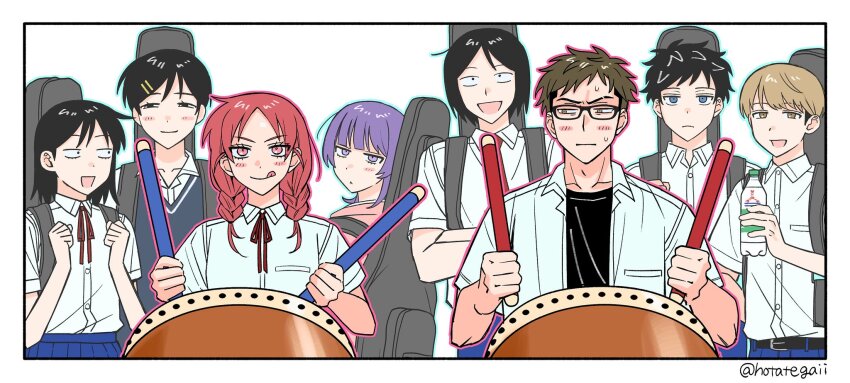 4boys 4girls :d :q :| arcade_cabinet belt black-framed_eyewear black_belt black_eyes black_hair black_sweater_vest black_undershirt blue_eyes blue_pants blue_skirt blunt_bangs blush bottle braid breast_pocket brown_eyes brown_hair closed_mouth collared_shirt commentary cousins dress_shirt drumsticks eyebrow_cut fujii_ayame futsuu_no_keion-bu glasses guitar_case hair_ornament hairpin hatono_chihiro heartbreak_(futsuu_no_keion-bu) highres holding holding_bottle holding_drumsticks hood hoodie hotategaii instrument_case instrument_case_on_back kouyama_rin long_hair looking_at_another mizuo_haruichi mole mole_under_eye multiple_boys multiple_girls neck_ribbon nervous nervous_sweating open_clothes open_mouth open_shirt pants parted_bangs pink_eyes pink_hoodie pixie_cut plastic_bottle pleated_skirt pocket protocol._(futsuu_no_keion-bu) purple_eyes purple_hair red_hair red_ribbon ribbon school_uniform shirt shirt_tucked_in short_hair short_sleeves skirt smile summer_uniform sweat sweater_vest symbol-only_commentary taguchi_ryuuya taiko_no_tatsujin taiko_sticks takami_kouki tohno_gen tongue tongue_out twin_braids twintails uchida_momo upper_body v-shaped_eyebrows white_shirt wing_collar wolf_cut
