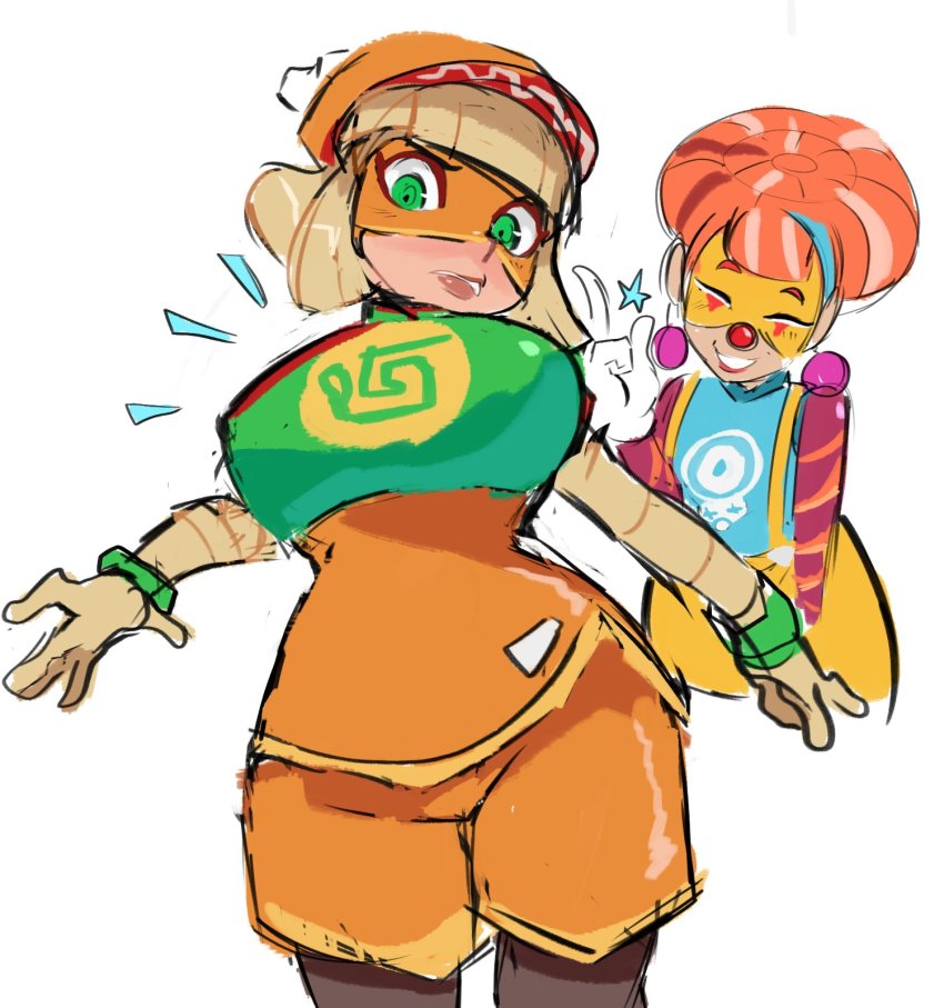 2girls arms_(game) blonde_hair blush bracelet breasts clown davenextdoor_(justdavefnd) earrings green_eyes hair_bun hairband hat highres jewelry large_breasts lola_pop mask min_min_(arms) multicolored_hair multiple_girls nintendo red_nose sketch smile
