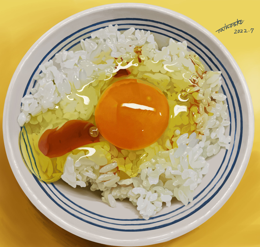 absurdres bowl dated egg_(food) egg_yolk food food_focus highres no_humans original photorealistic raw_egg realistic rice shadow signature still_life tainosuke tamagokake_gohan yellow_background