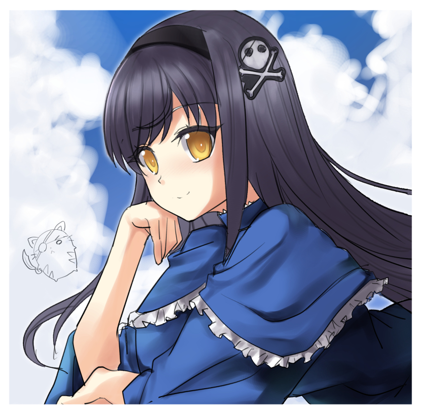 1girl absurdres black_hair black_hairband blue_capelet blush bone_hair_ornament border capelet closed_mouth commentary day frilled_capelet frills from_side hair_ornament hairband hand_up hidamarinet highres kushima_kamome long_hair looking_at_viewer outdoors sidelocks sketch skull_and_crossbones skull_hair_ornament smile solo split_mouth summer_pockets upper_body white_border yellow_eyes