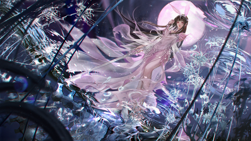 1girl absurdres animal_ears brown_hair closed_mouth douluo_dalu dress dutch_angle expressionless flower full_body full_moon hair_ornament hand_up highres holding holding_sword holding_weapon long_hair moon night pantyhose pink_dress rabbit_ears ripples second-party_source solo spider_lily sword underwater weapon white_flower white_pantyhose white_spider_lily xiao_wu_(douluo_dalu) zacao_tong