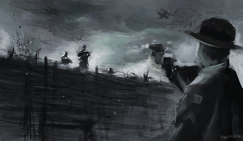 3boys aiming aircraft airplane battle battlefield biplane firing grey_sky greyscale gun handgun highres holding holding_gun holding_weapon impasto military monochrome multiple_boys original scenery sky soldier trench weapon wide_brim world_war_i youotaku