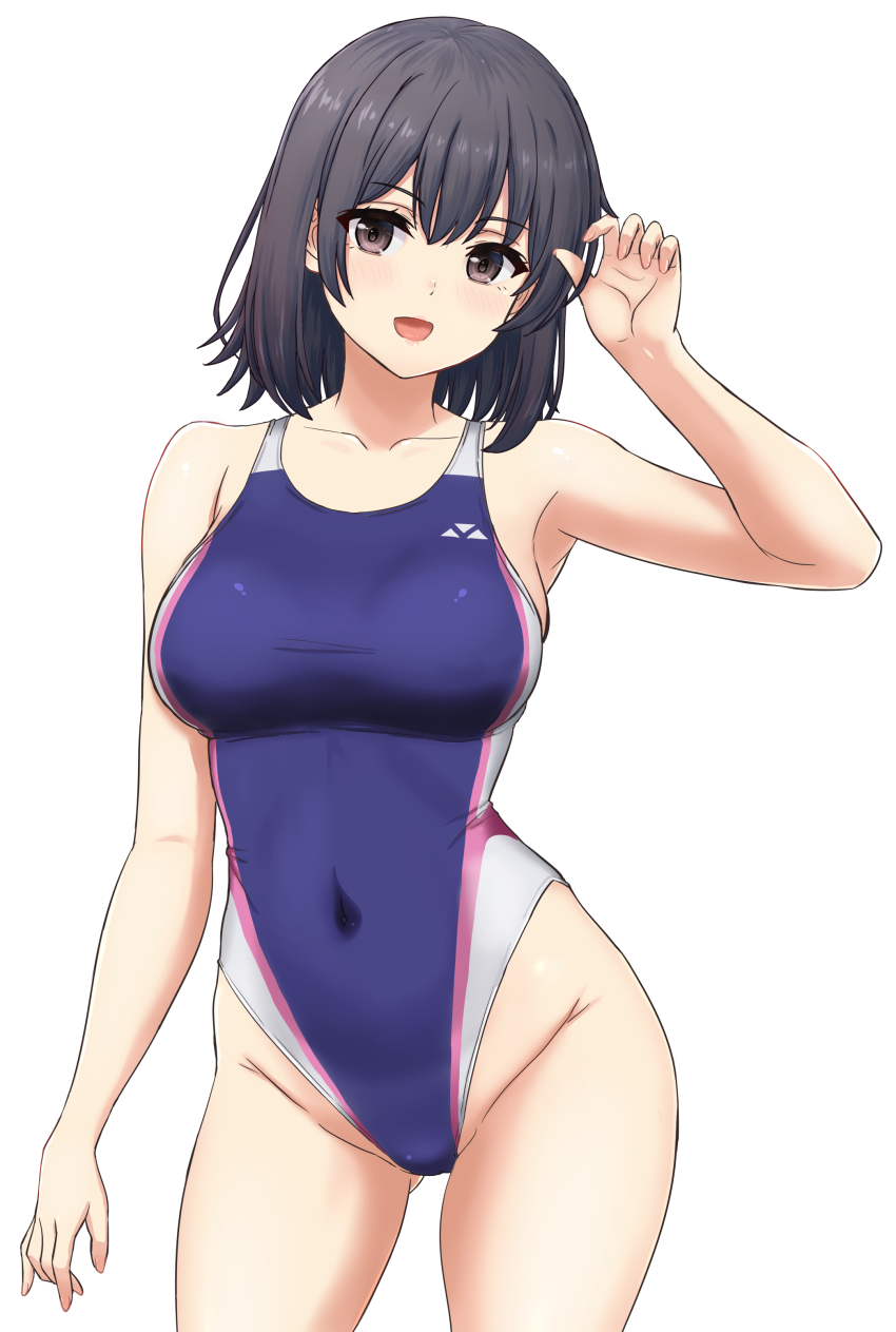 1girl :d absurdres black_hair blue_one-piece_swimsuit blush breasts collarbone commentary_request competition_swimsuit contrapposto covered_navel cowboy_shot gluteal_fold groin hand_up highleg highleg_one-piece_swimsuit highres inanaki_shiki large_breasts looking_at_viewer medium_breasts medium_hair one-piece_swimsuit open_mouth simple_background smile solo swimsuit thighs tongue white_background yahari_ore_no_seishun_lovecome_wa_machigatteiru. yukinoshita_haruno