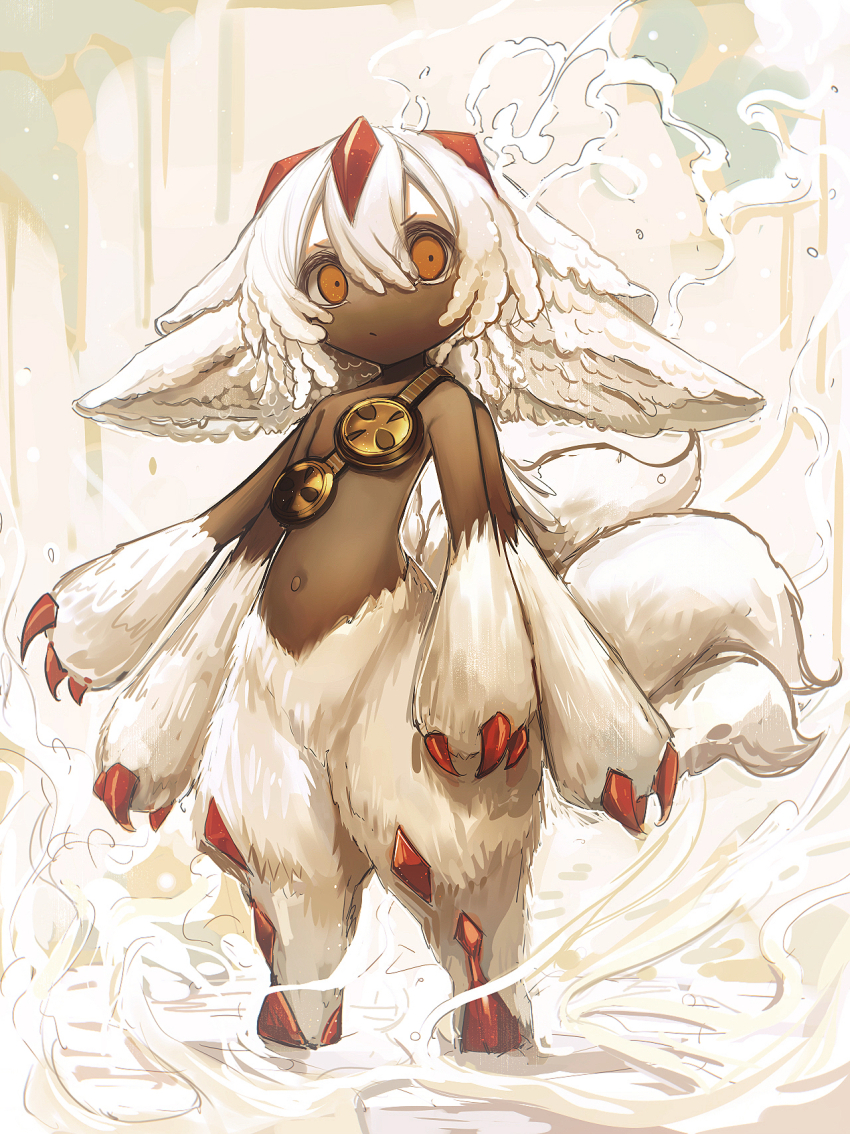 1girl animal_ears animal_hands animal_legs body_fur claws crystal dark_skin extra_arms facing_viewer faputa fluffy_hair full_body hezaizhou highres large_ears looking_at_viewer made_in_abyss metal_bikini monster_girl multiple_tails navel orange_eyes outdoors red_claws shoulder_strap smoke solo tail white_fur white_hair