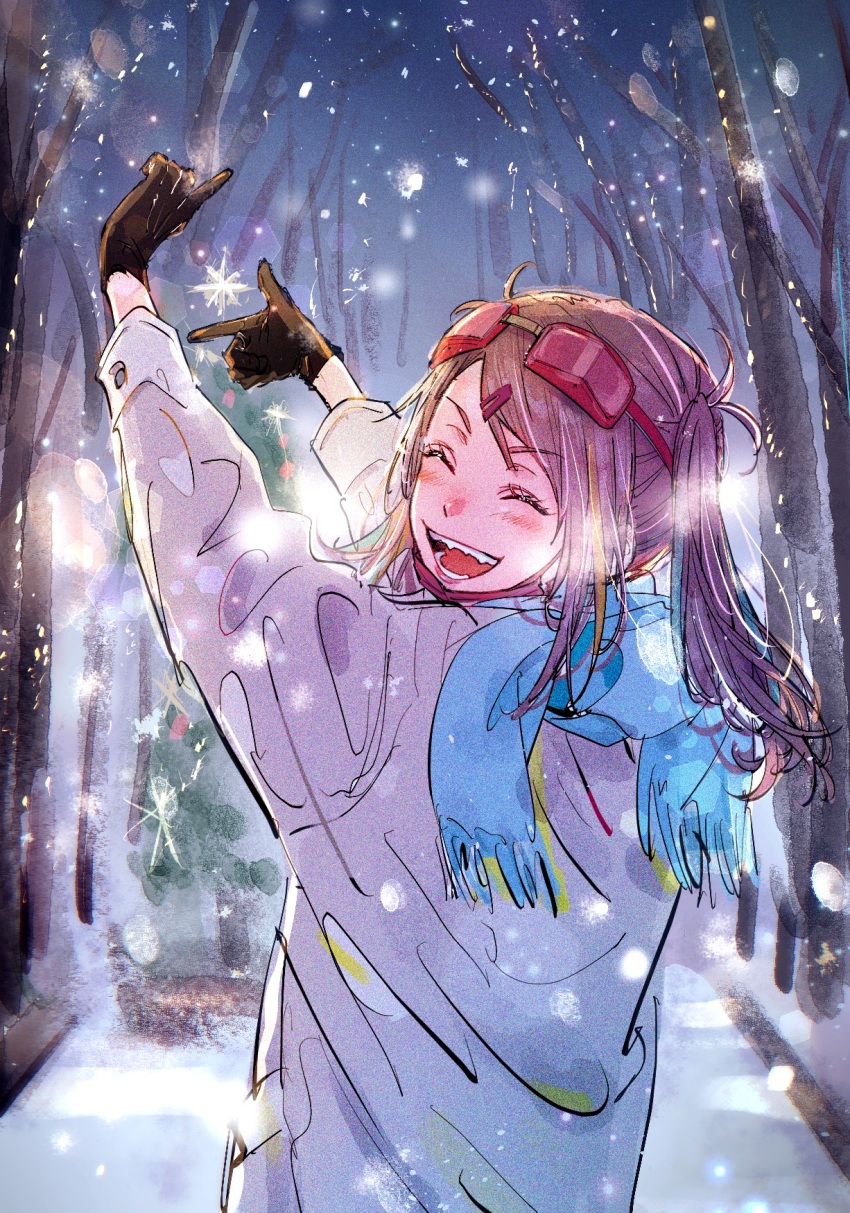 coat finger_frame gloves heaven_burns_red highres ishii_iroha kulfiq mask mask_pull multicolored_hair outdoors purple_eyes purple_hair snow streaked_hair twintails winter