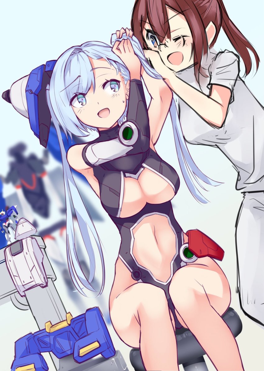 00_gundam 2girls blue_eyes blue_hair brown_hair clothing_cutout glasses gn_drive gundam gundam_00 gunpla highres i.takashi looking_to_the_side looking_up mecha_musume model_kit multiple_girls navel open_mouth personification ponytail purple_eyes smile stomach_cutout tying_hair underboob_cutout