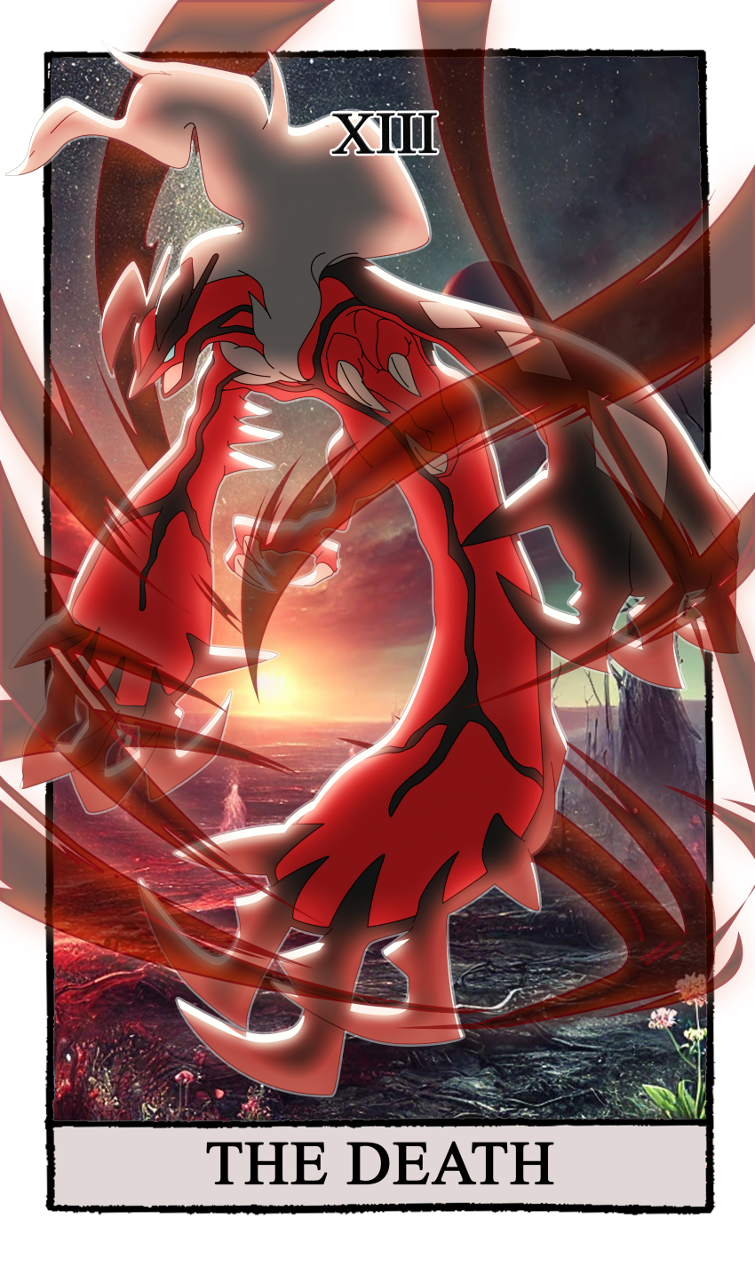 absurdres blue_eyes border carrotzmoonman claws commentary death_(tarot) english_commentary english_text flower full_body gen_6_pokemon highres legendary_pokemon nintendo no_humans open_mouth photo_background pokemon pokemon_(creature) roman_numeral solo tarot umbrakinesis white_border white_flower yveltal