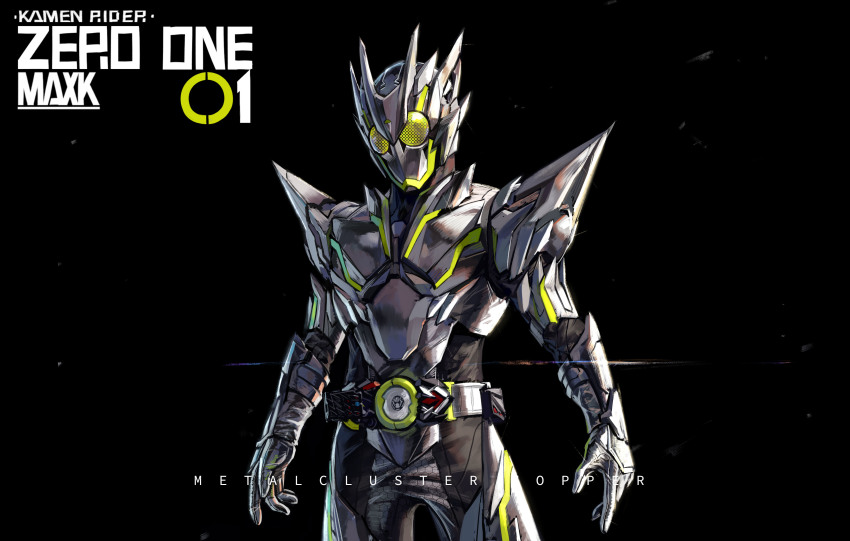 1boy absurdres armor armored_boots armored_gloves artist_name belt black_background bodysuit boots bug character_name compound_eyes cowboy_shot cropped_legs rider_belt grasshopper green_eyes grey_bodysuit highres insect kamen_rider kamen_rider_01_(series) kamen_rider_zero-one max-k metalcluster_hopper official_alternate_costume open_hands progrise_key reiwa rider_belt silver_footwear tokusatsu zero_one_driver