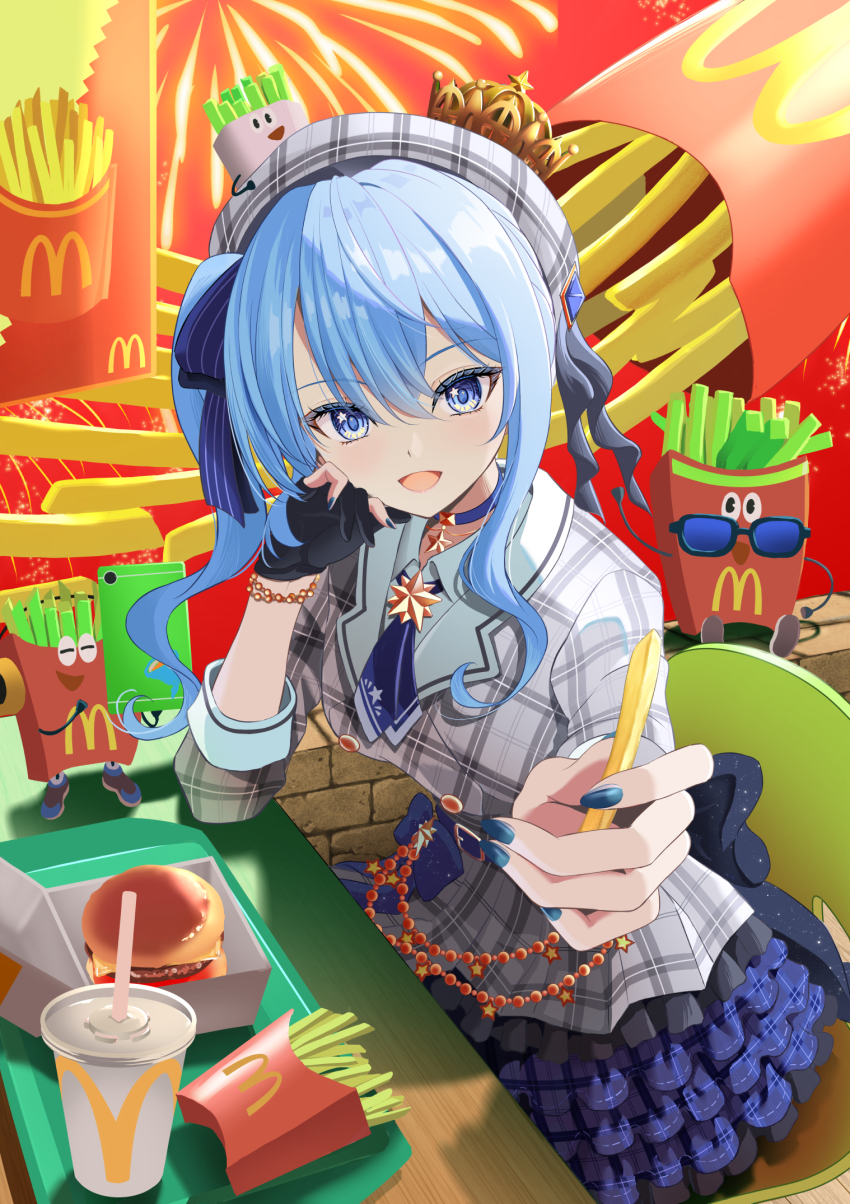 1girl :d ascot beret blue_ascot blue_choker blue_eyes blue_hair blue_nails burger cellphone choker crown cup disposable_cup dress drinking_straw elbow_rest food french_fries frills gloves hat highres holding holding_food hololive hoshimachi_suisei hoshimachi_suisei_(1st_costume) incoming_food kagura_hiromu mcdonald&#039;s mini_crown open_mouth partially_fingerless_gloves phone plaid_clothes plaid_dress plaid_hat side_ponytail single_glove sitting smartphone smile solo star_(symbol) star_in_eye symbol_in_eye table tray virtual_youtuber