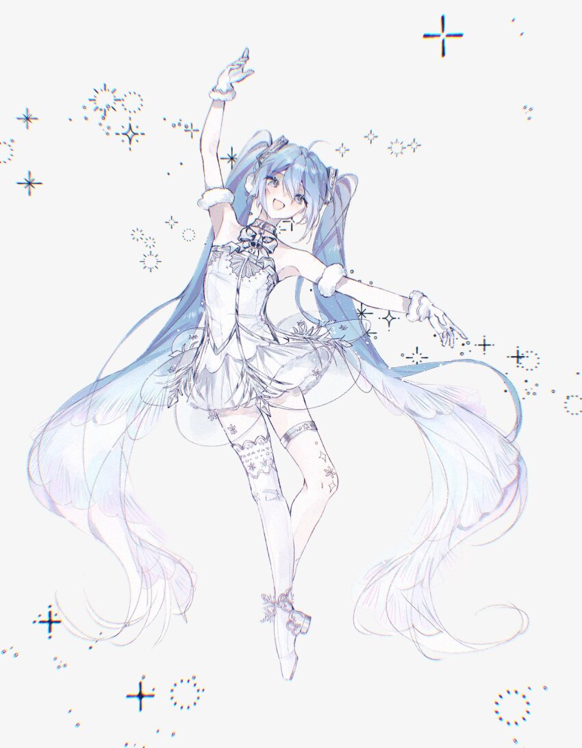 1girl :d absurdly_long_hair ahoge arm_up armpits ballerina ballet bell blue_hair boots dancing double-parted_bangs en_pointe from_side full_body gloves gradient_hair gramophone_miku gramophone_miku_(frostflower) grey_background grey_eyes hair_between_eyes hatsune_miku highres jingle_bell long_hair miku_symphony_(vocaloid) miniskirt multicolored_hair neck_bell open_mouth pointy_footwear see-through_clothes simple_background single_thigh_boot skirt skirt_set smile solo sparkle strapless thigh_boots thigh_strap tutu twintails very_long_hair vocaloid white_boots white_gloves white_hair white_skirt yu_jiang_(kozakana)