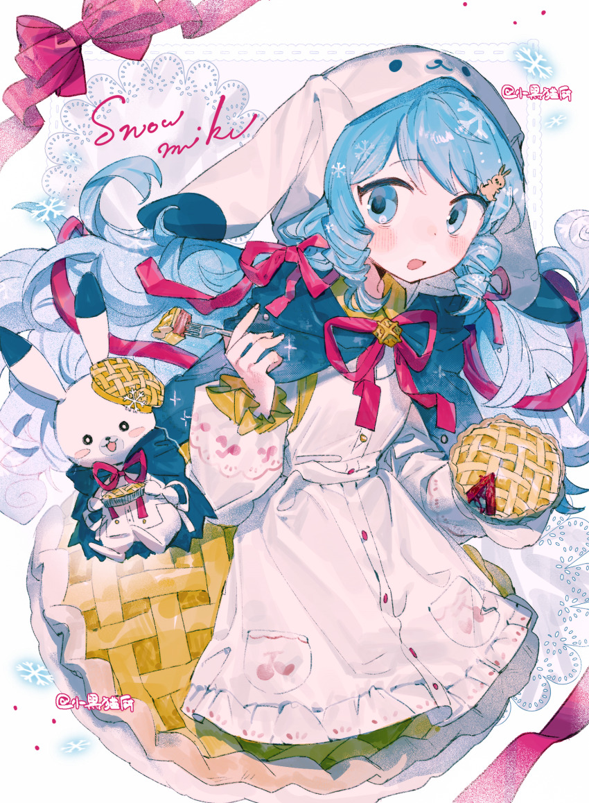1girl apron blue_eyes blue_hair blush blush_stickers brown_dress brown_hat character_name cloak doily dot_nose dress english_text food fork hair_ornament hair_ribbon hat hatsune_miku headscarf highres holding holding_food holding_fork long_hair long_sleeves neck_ribbon open_mouth pie pie_print pullus rabbit rabbit_yukine red_nails ribbon smile snowflakes sparkle twitter_username very_long_hair vocaloid yuki_miku yuki_miku_(2026)_(applicant)