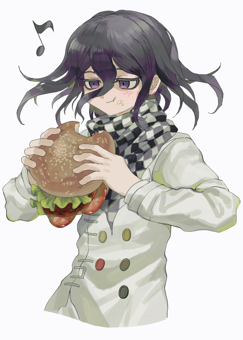1boy absurdres black_hair blush burger buttons checkered_neckerchief cropped_torso danganronpa_(series) danganronpa_v3:_killing_harmony double-breasted eating food grey_jacket hair_between_eyes highres holding holding_burger holding_food jacket long_sleeves male_focus medium_hair musical_note neckerchief nzm_(user_vfkg8343) oma_kokichi purple_eyes simple_background smile solo tomato tomato_slice white_background